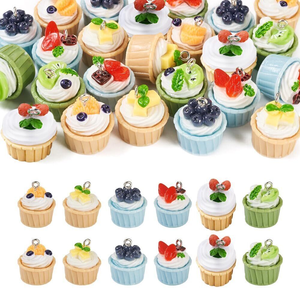 9737 Beadthoven 24pcs 6 Styles Resin Cupcake Charms Pendants Opaque